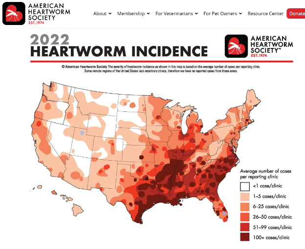 A map of the united states showing heart worm incidence